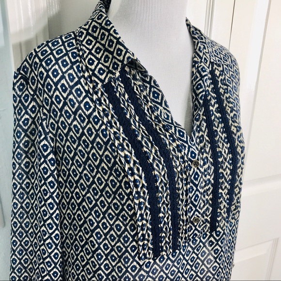 Lucky Brand Sheer Navy Blue & Cream Boho Peasant Top Size Small - Picture 4 of 7